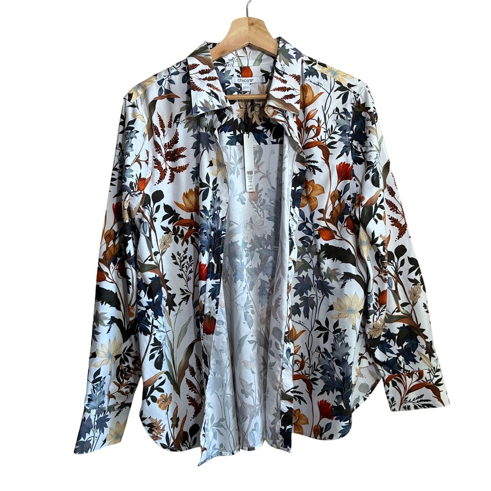 NWT Chico's No Iron Stretch Autumn Trail Shirt 2 White Floral Cotton $89.50 MSRP